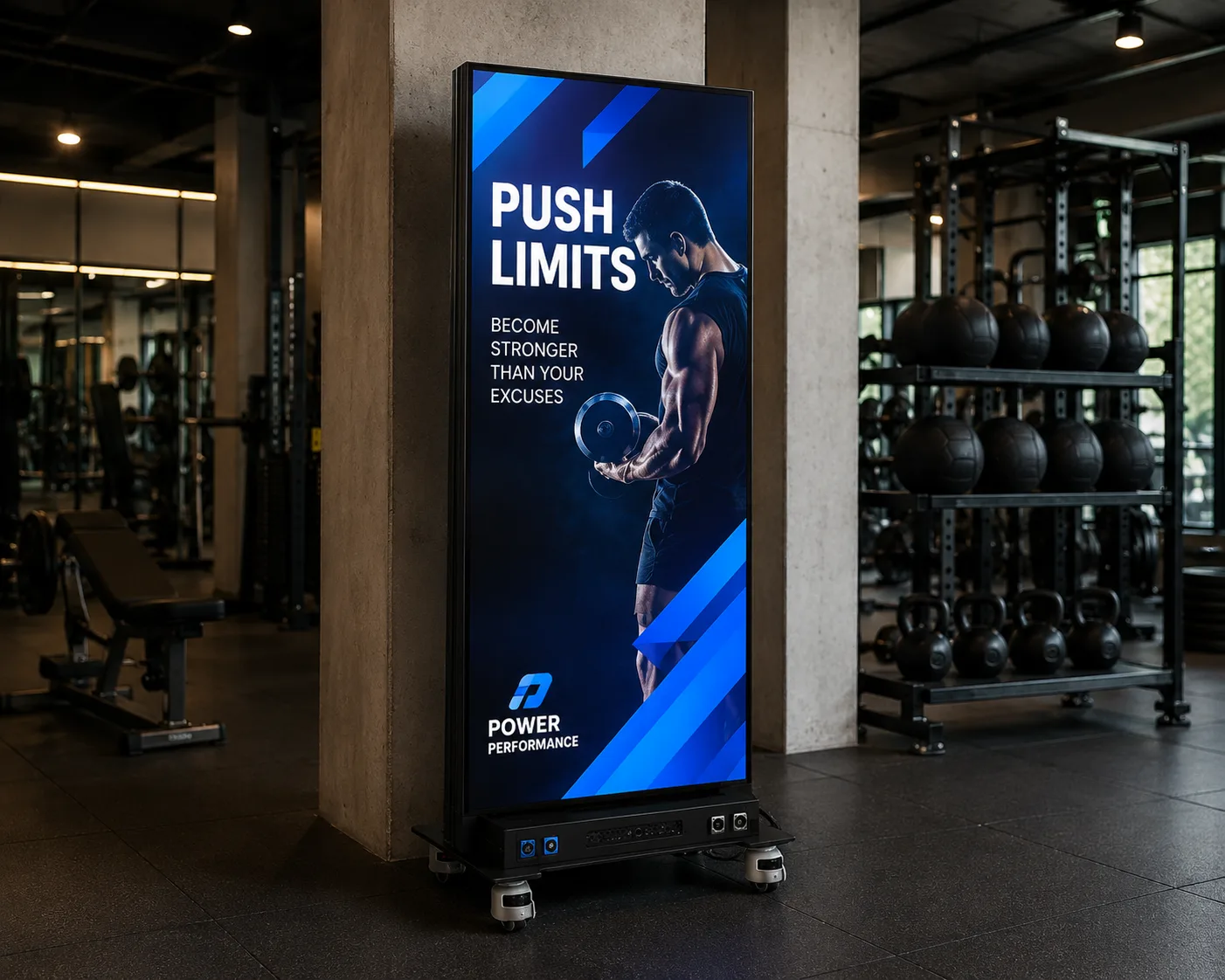 A Nees digital poster display showing motivational content inside a gym