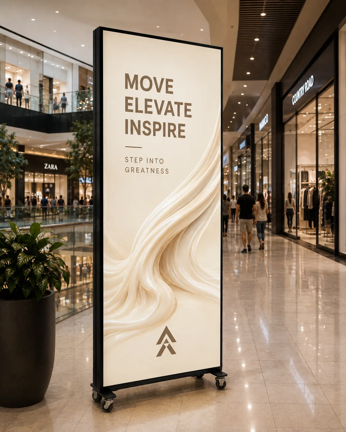 A Nees digital poster display advertising inside a modern shopping mall