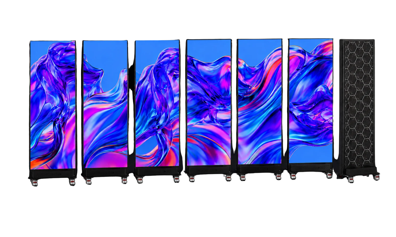 Multiple Nees digital poster displays connected in a continuous row