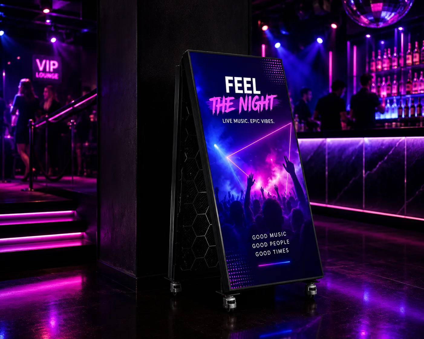 A Nees digital poster display promoting an event inside a nightclub