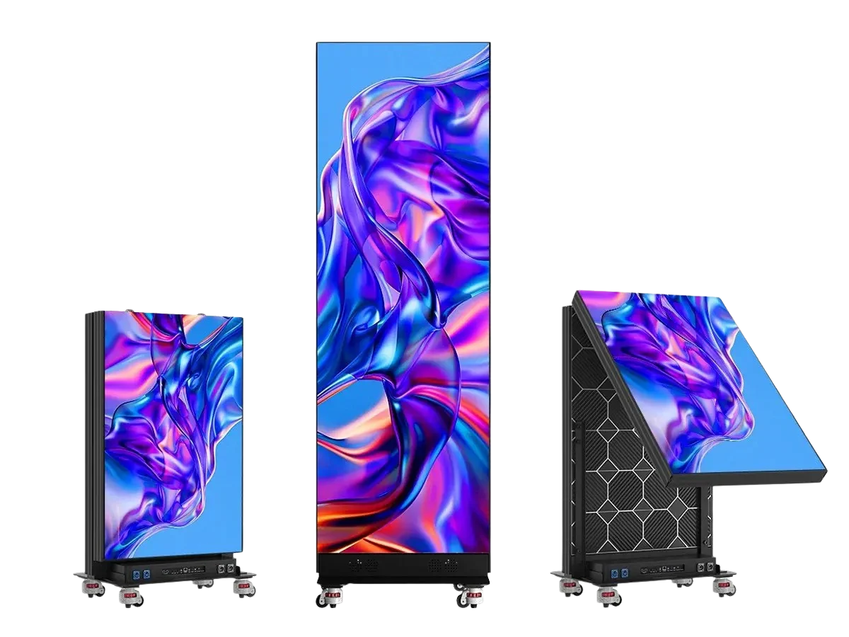 Nees digital poster display shown upright and folded for transport