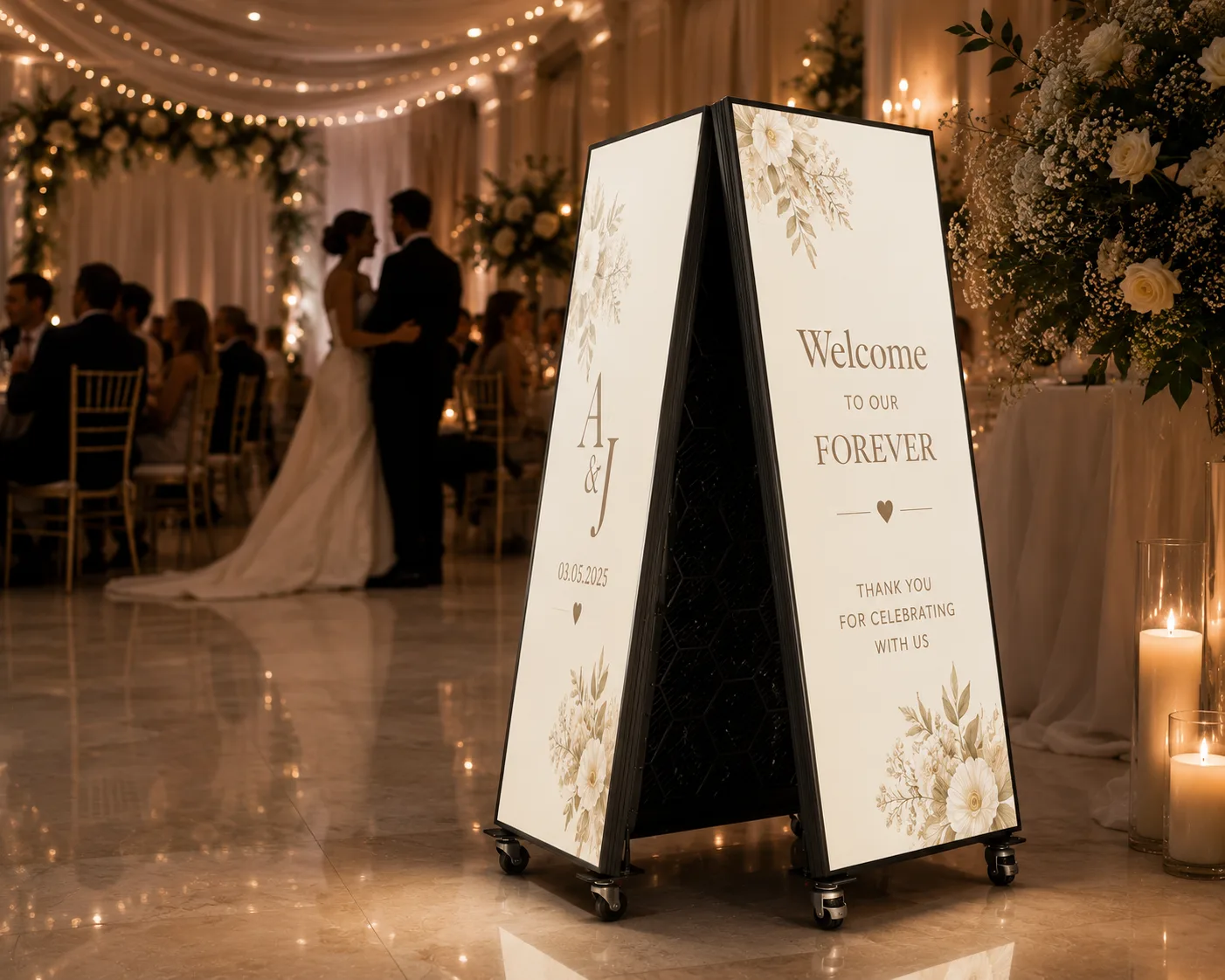 A pair of Nees digital poster displays welcoming guests at a wedding reception